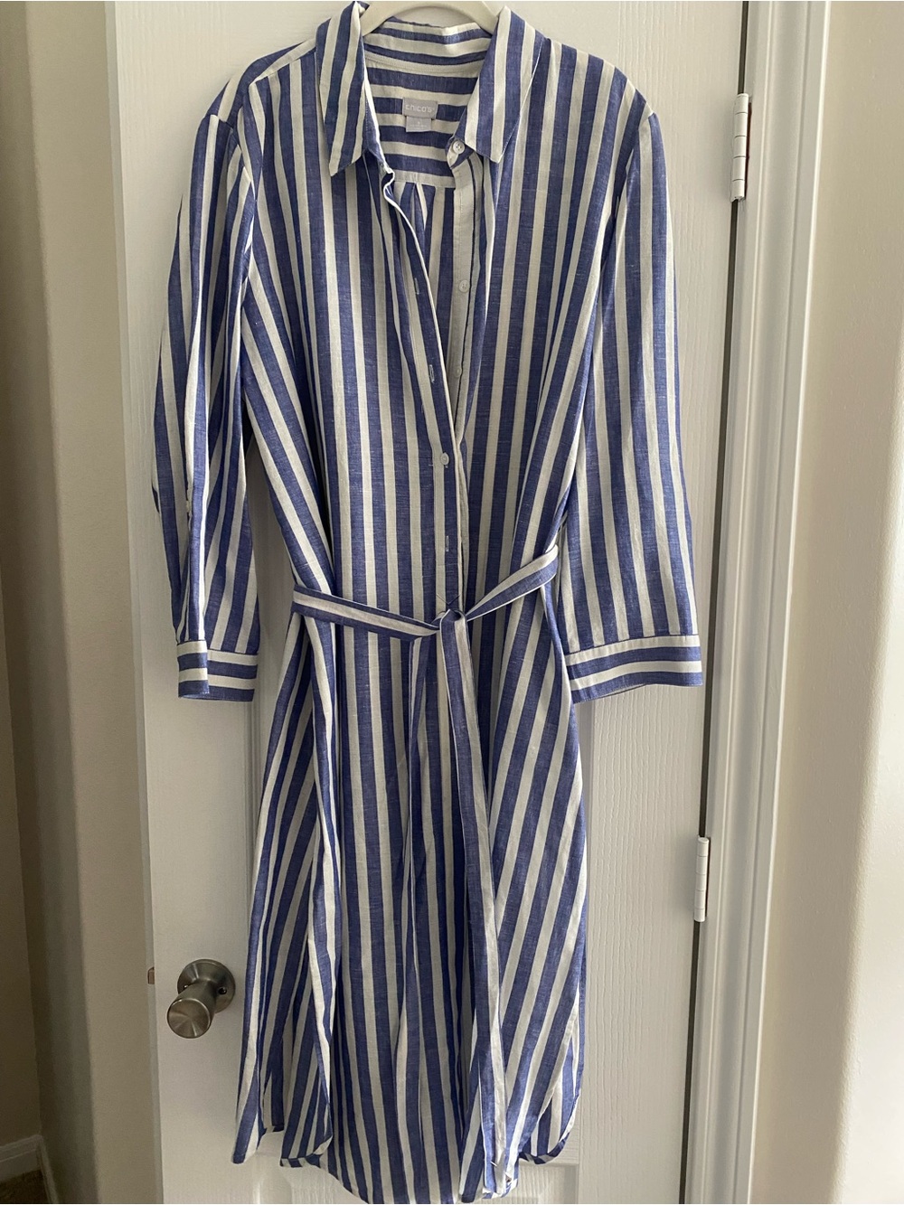 Chico's Blue and White Vertical Stripe Midi Shirt Jacket or Dress